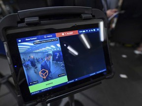 In this photo provided by The Metropolitan Transportation Authority (MTA), new weapon detectors that can be deployed at subway entrances are displayed during a news conference in New York, March 28, 2024.
