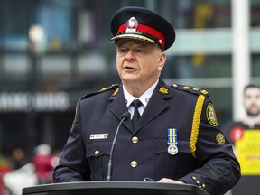 Toronto Police Chief Myron Demkiw speaks during a press conference at Yonge-Dundas Square on Monday May 1, 2023. Ernest Doroszuk/Toronto Sun
