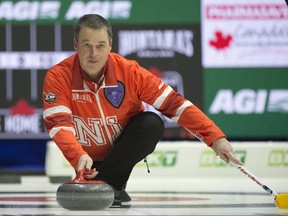 Team Newfoundland and Labrador lead Alex Smith is pictured during draw 2 against team Alberta's Team Bottcher at Montana's Brier on March 2, 2024, in Regina.