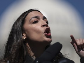 Rep. Alexandria Ocasio-Cortez speaks during a news conference outside the U.S. Capitol with Sen. Bernie Sanders March 21, 2024 in Washington, DC.