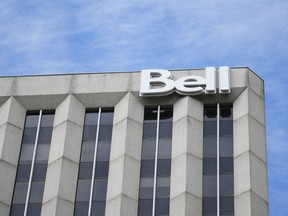 Bell signage is pictured on a building in Ottawa, Aug. 14, 2023. Bell says it has recently installed aerial alarms and made other security enhancements to prevent copper theft and vandalism to its infrastructure.