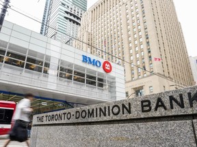 RBC, TD Bank and Bank of Montreal signage is pictured in the financial district in Toronto, Friday, Sept. 8, 2023.