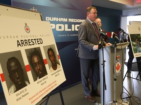 Durham Regional Police Homicide Det.-Sgt. Brad Corner announces that three men have been charged in the 2023 the murders of Aram Kamel, 28, and his pregnant wife Rafad Alzubaidy, 26, during a press conference in Bowmanville on March 8, 2024.