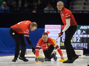 Team Canada Skip Brad Gushue delivers a rock during the gold medal game at the 2024 Montana's Brier at the Brandt Centre on Sunday, March 10, 2024 in Regina.