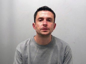This undated photo issued by Essex Police on Tuesday March 19, 2024 shows Nicholas Hawkes, 39, a convicted sex offender who sent unsolicited photos of his genitals to a girl and a woman, was the first person in England and Wales convicted of violating the Online Safety Act. England's first convicted cyber-flasher was sentenced Tuesday to 5 1/2 years in prison.