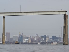 A remaining section of the Francis Scott Key Bridge in Baltimore after it collapsed when a cargo ship hit a support structure.