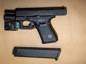 This handgun was allegedly seized when two teens were arrested in Toronto for an armed home invasion and a carjacking that occurred in Brampton on Thursday, March 14, 2024.