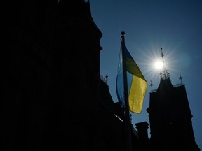 The Ukrainian flag is raised outside West Block on Parliament Hill as Ukrainian President Volodymyr Zelenskyy visits Ottawa on Friday, Sept. 22, 2023.
