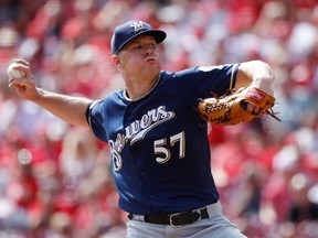 Chase Anderson of the Milwaukee Brewers pitches in the first inning against the Cincinnati Reds at Great American Ball Park on Sept. 26, 2019 in Cincinnati, Ohio.
