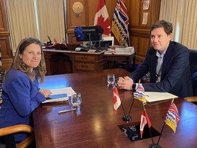 Finance Minister and Deputy Prime Minister Chrystia Freeland meets with B.C. Premier David Eby at the legislature in Victoria on Monday, March 11, 2024.