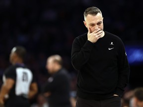 Raptors head coach Darko Rajakovic reacts during the first half against the New York Knicks at Madison Square Garden on Jan. 20, 2024 in New York City.