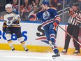 Zach Hyman of the Edmonton Oilers, celebrates his second goal of the game and 40th goal of the season against the St. Louis Blues at Rogers Place in Edmonton on Feb. 28, 2024.