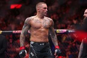 Dustin Poirier reacts after defeating Benoit Saint Denis of France in their lightweight bout at UFC 299 at Kaseya Center on March 9, 2024 in Miami.