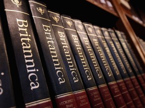 NEW YORK, NY - MARCH 14:  Encyclopedia Britannica editions are seen at the New York Public Library on March 14, 2012 in New York City. Encyclopedia Britannica announced it will be ceasing its print edition of reference books for the first time in its 244-year history to focus solely on digital versions.
