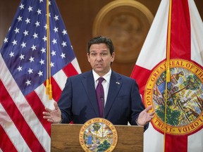 Florida Gov. Ron DeSantis gives brief remarks at the end of the 2024 Florida Legislative Session, Friday, March 8, 2024, in Tallahassee, Fla.
