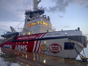 This handout picture released by the Spanish humanitarian NGO Proactiva Open Arms on March 9, 2024 shows the vessel, also called Open Arms, docked in the Cypriot port of Larnaca.