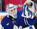 Toronto Maple Leafs goaltender Ilya Samsonov (35) makes a save against the Dallas Stars during third period NHL hockey action in Toronto on Wednesday, February 7, 2024.