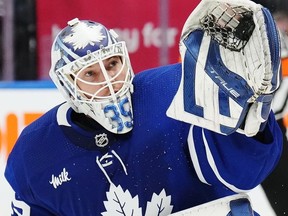 Toronto Maple Leafs goaltender Ilya Samsonov (35) makes a save against the Dallas Stars during third period NHL hockey action in Toronto on Wednesday, February 7, 2024.