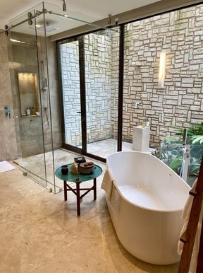 The bathroom for the poolside bedroom in our Exclusive Resorts villa at Rosewood Mayakoba has an indoor and outdoor shower plus a standalone soaker tub. CYNTHIA MCLEOD/TORONTO SUN