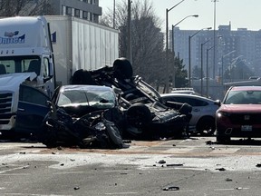 The aftermath of a multi-vehicle crash at Markham Rd. and Milner Ave. in Toronto on March 13, 2024.