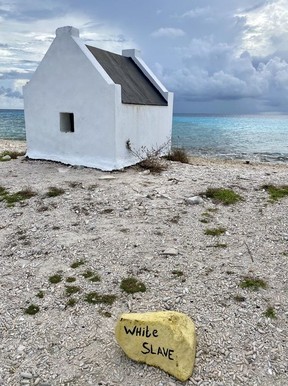 Yellow rocks around Bonaire feature the names of the dive sites. White Slave is located next to the slave huts.
