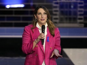 FILE - Republican National Committee chair Ronna McDaniel speaks before a Republican presidential primary debate hosted by NBC News, Nov. 8, 2023, at the Adrienne Arsht Center for the Performing Arts of Miami-Dade County in Miami. Former NBC News "Meet the Press" moderator Chuck Todd criticized his network Sunday, March 24, 2024, for hiring former Republican National Committee head McDaniel as a paid contributor, saying on the air that many NBC journalists are uncomfortable with the decision.