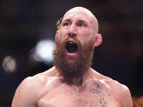 Kyle Nelson celebrates after his fight against Blake Bilder during a UFC 289 featherweight bout, in Vancouver, on Saturday, June 10, 2023. Nelson won his third straight UFC fight, stopping American (Senor Perfecto) Bill Algeo in the first round on a UFC Fight Night card Saturday.