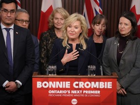 Ontario Liberal Leader Bonnie Crombie stands with Ontario Liberal caucus members as she talks to the media at the Queen's Park in Toronto on Tuesday, December 5, 2023.