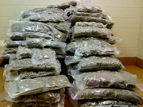 Pounds of cannabis are displayed