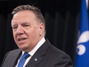 Premier Francois Legault speaks to the media following a bilateral meeting with Prime Minister Justin Trudeau in Montreal, Friday, March 15, 2024.