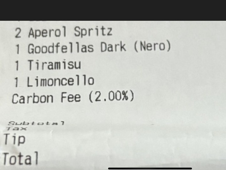  The bill from a recent meal at Goodfellas Wood Oven Pizza on Old Mill Dr. in Toronto shows a 2% carbon fee. (Supplied)
