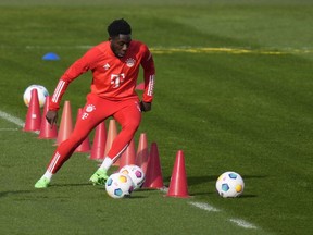 Canadian star Alphonso Davies practices during a training session in Munich, Germany, Feb. 19, 2024.