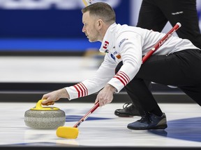 Canada's skip Brad Gushue delivers a stone against the Czech Republic at the men's Curling World Championships in Schaffhausen, Switzerland, Saturday, March 30, 2024.