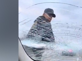 Four men are sought for a road rage incident that saw one man smash another motorist's windshield with his fist in Brampton on Wednesday, March 27, 2024.