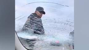 Four men are sought for a road rage incident that saw one man smash another motorist's windshield with his fist in Brampton on Wednesday, March 27, 2024.