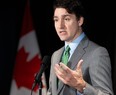Canadian Prime Minister Justin Trudeau speaks to reporters following his meeting with Quebec Premier Francois Legault on Friday March 15, 2024.