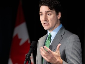 Canadian Prime Minister Justin Trudeau speaks to reporters following his meeting with Quebec Premier Francois Legault on Friday March 15, 2024.