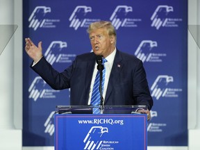 FILE - Republican presidential candidate and former President Donald Trump speaks at an annual leadership meeting of the Republican Jewish Coalition, Saturday, Oct. 28, 2023, in Las Vegas. Trump on Monday, March 18, 2024, charged that Jews who vote for Democrats "hate Israel" and hate "their religion," igniting a firestorm of criticism from the White House and Jewish leaders.