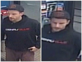 A pair of photos released by Beaumont RCMP of a suspect wanted in connection with a fatal hit-and-run involving a U-Haul truck that killed a 45-year-old Fort Saskatchewan woman.