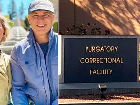 Ruby and Kevin Franke (left) and the Purgatory Correctional Facility sign.