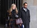 Umar Zameer (middle), who has pleaded not guilty to first-degree murder in the death of Toronto Police Const. Jeffrey Northrup on July 2, 2021 in the parking lot of Toronto's City Hall, is seen leaving the 361 University courthouse with one of his lawyers, Alexandra Heine, on Tuesday, March 19, 2024.