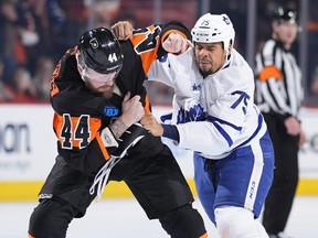 Nicolas Deslauriers of the Philadelphia Flyers fights Ryan Reaves of the Toronto Maple Leafs during a game last month.