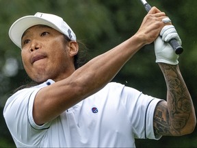 Anthony Kim hits his shot from the fifth tee during the second round of the LIV Golf tournament at the Hong Kong Golf Club.
