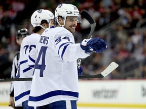 Auston Matthews of the Toronto Maple Leafs celebrates his goal against the New Jersey Devils.