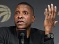 Toronto Raptors vice chairman and President Masai Ujiri speaks to the media.