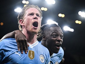 Manchester City's Kevin De Bruyne celebrates after scoring a goal during the UEFA Champions League quarter-final second-leg football match against Real Madrid.