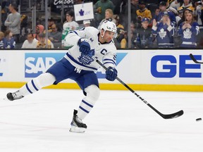 John Tavares of the Toronto Maple Leafs warms up prior to Game 2 against the Boston Bruins.