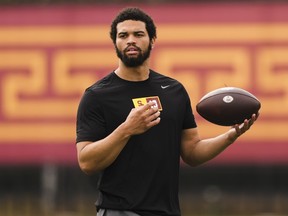 Quarterback Caleb Williams warms up at USC's NFL Pro Day.