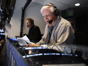 Toronto Maple Leafs broadcaster Joe Bowen calls a game at Scotiabank Arena.