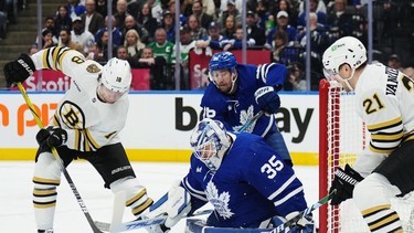 Toronto Maple Leafs goaltender Ilya Samsonov (35) makes a save on Boston Bruins' Pavel Zacha.